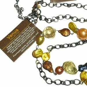 Venus Collection Long Chain Necklace Gold Bronze Mixed Pearl Statement Handmade
